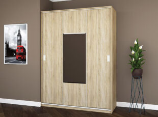 Komfort - trijų durų spinta su veidrodziu ir stumdomimis durimis, 150 cm plocio - sviesiai rudos sonoma azuolo spalvos