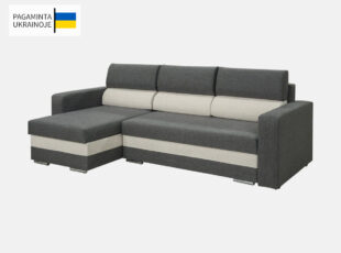 Ukrainietiška prekė - Dailus pilkos spalvos minkštas kampas su plačia miegamąja dalimi ir šviesiai pilkos spalvos akcentais