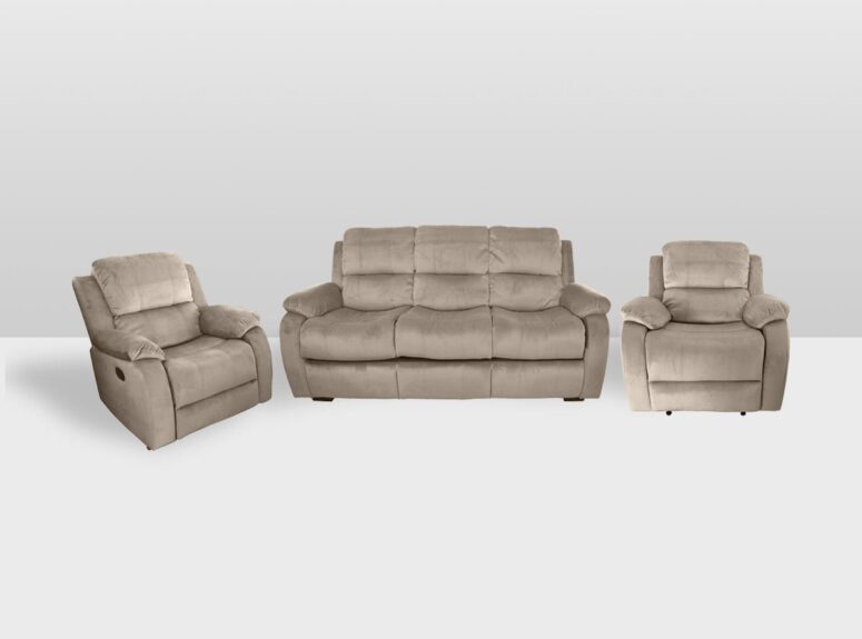 Smėlio spalvos trijų baldų komplektas - sofa-lova ir du reklaksaciniai foteliai reklaineriai