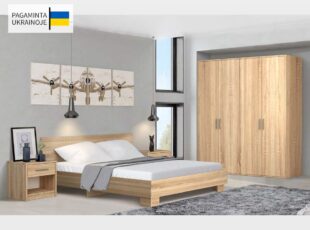 Ukrainietiška prekė - ažuolo spalvos keturių dalių miegamojo baldų komplektas: dvigulė lova, dvi naktinės spintelės ir spinta