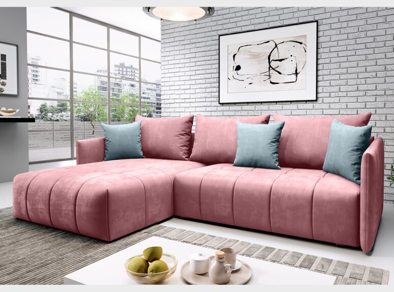 Didelis apvalių linijų minkštas kampas rožinės spalvos su pagalvėlėmis melsvos spalvos Rob Don